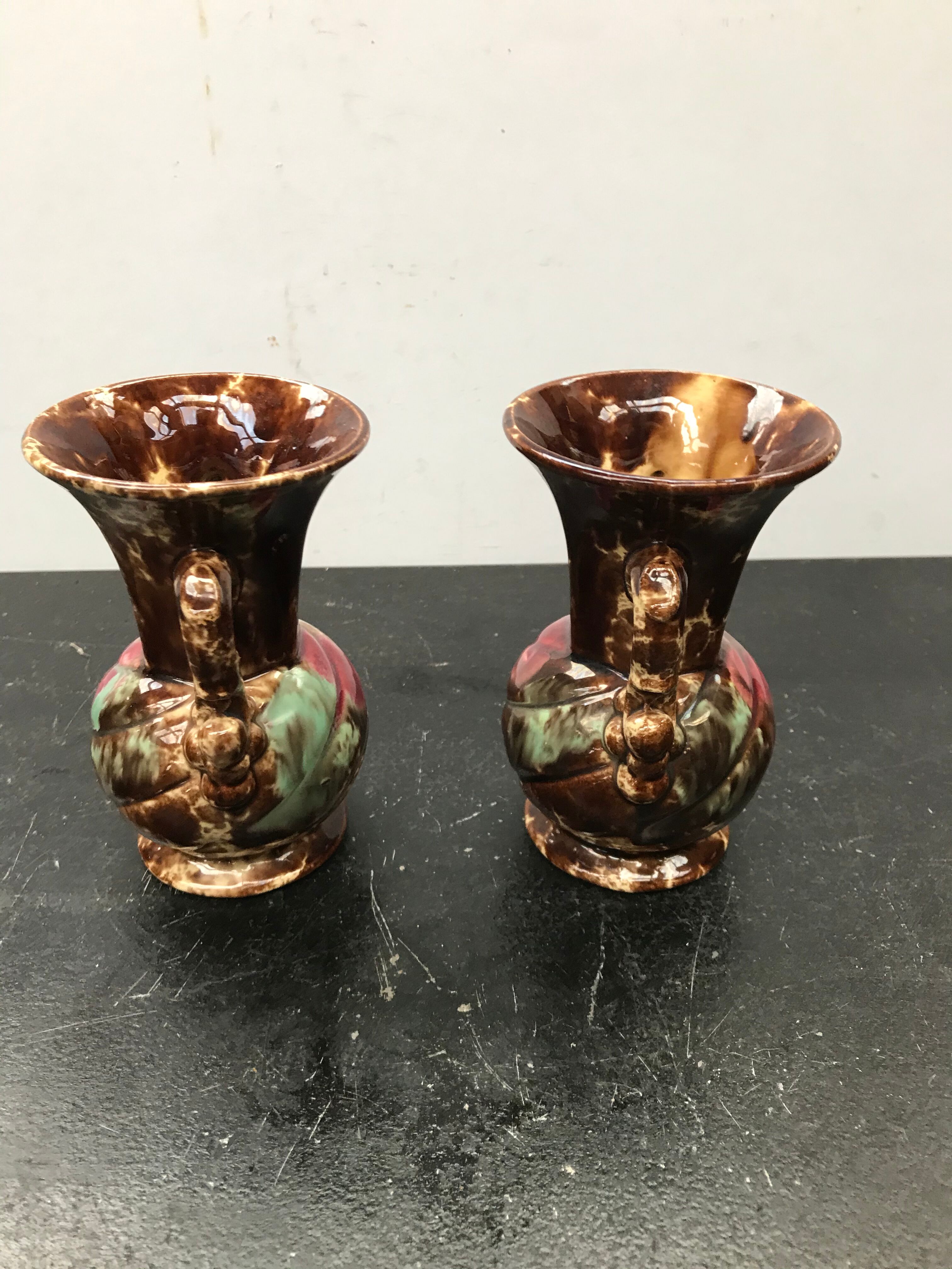 Pair of old vases with vintage beige brown ceramic handles