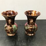 Pair of old vases with vintage beige brown ceramic handles