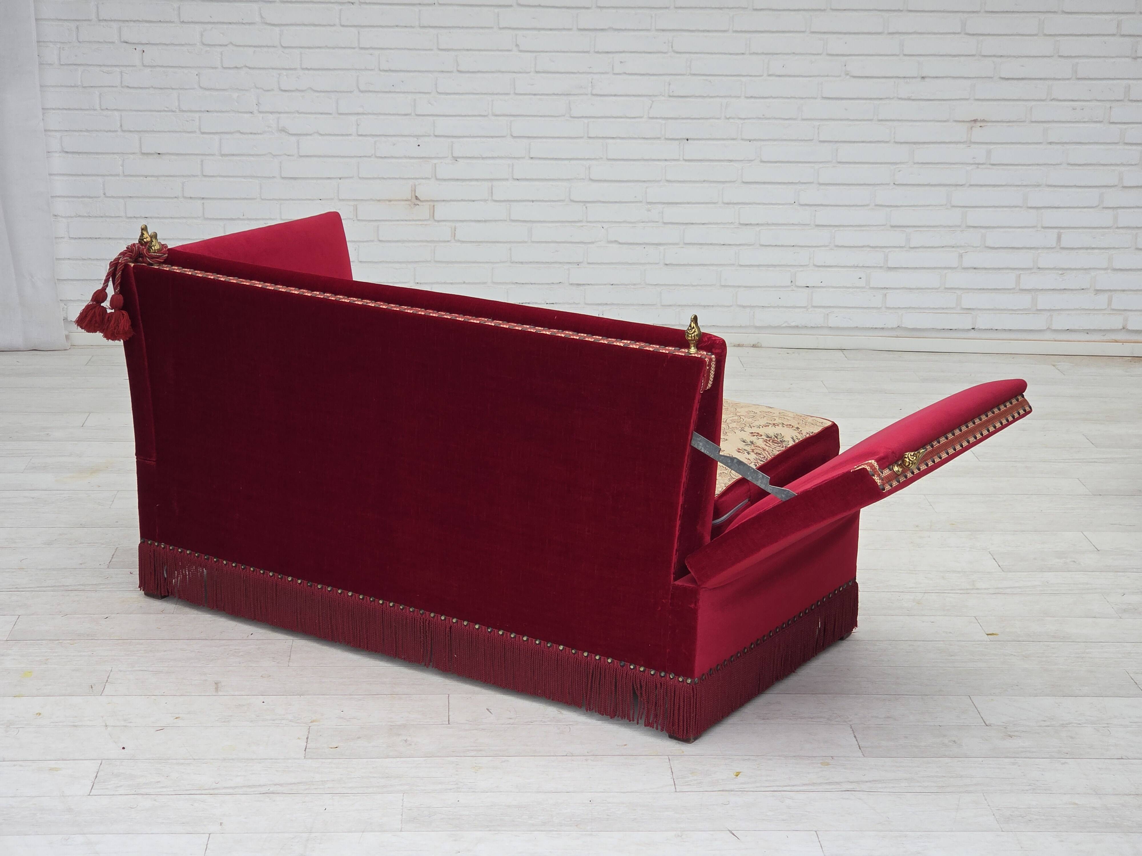 1970s, Danish "Spanish" sofa, furniture velour, ash wood legs.