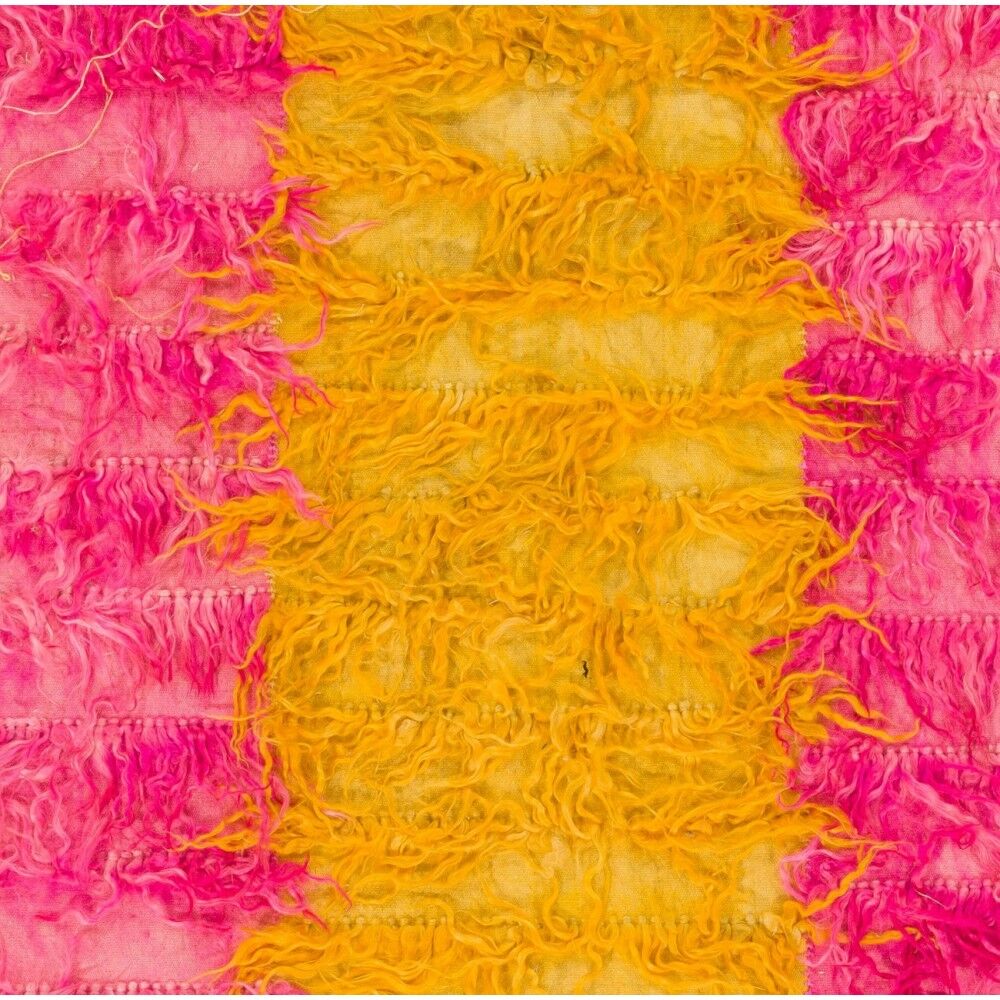 New Hand-Knotted Shag Pile Tulu Rug in Hot Pink and Yellow, 100% Mohair Wool