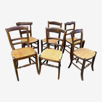 Lot de 6 chaises bistrot dépareillées café paillée ratan restaurant taverne brasserie 1920