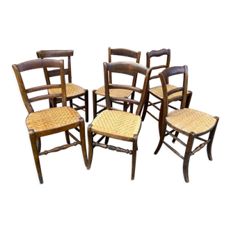 Lot de 6 chaises bistrot dépareillées café paillée ratan restaurant taverne brasserie 1920