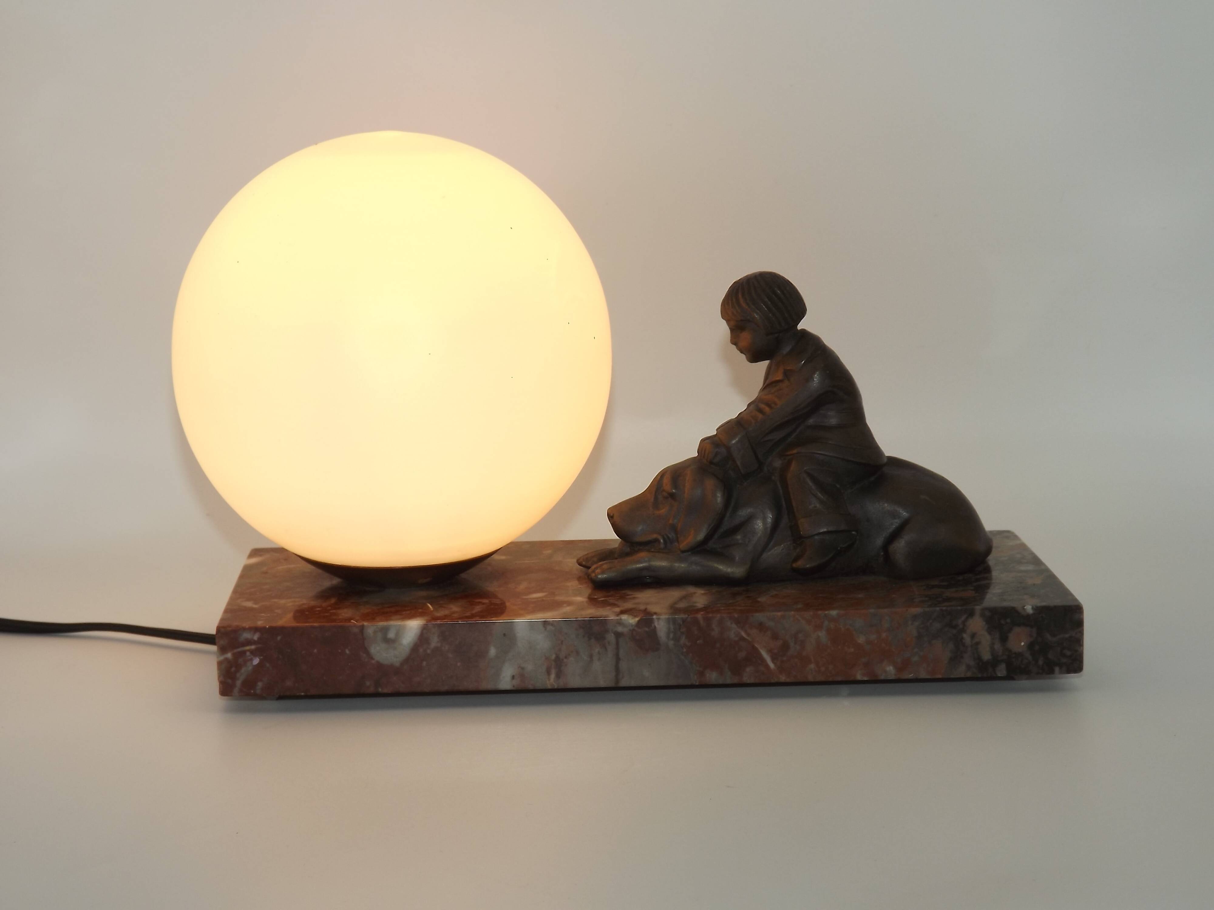 French Art Deco Table Lamp Vintage Dog & Child Figure Opaline Glass Shade