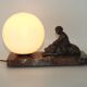 French Art Deco Table Lamp Vintage Dog & Child Figure Opaline Glass Shade