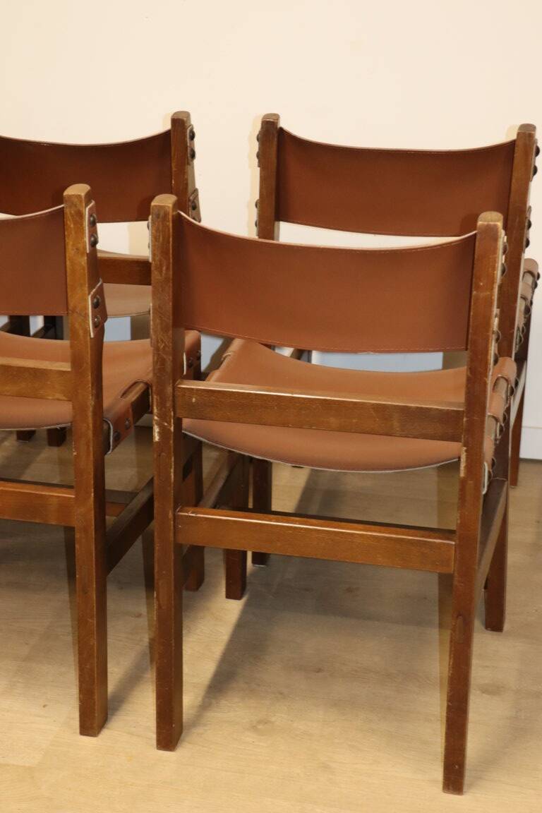 Series of 6 vintage Maison Regain chairs in leather and wood, 1960s