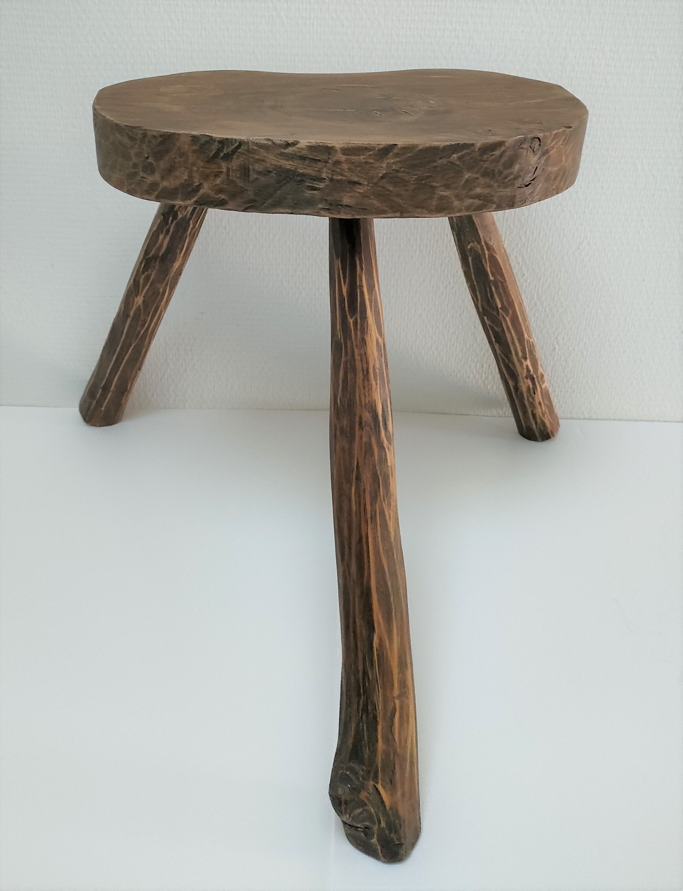 Tripod stool solid wood folk art 60s