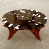 Table low Hugues Poignant base plating wood and smoked glass top