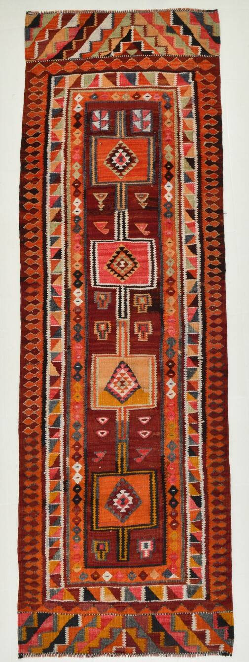 4x11 Kilim Long Wide Dark Red Handwoven Vintage Kilim Runner Rug, 104x317