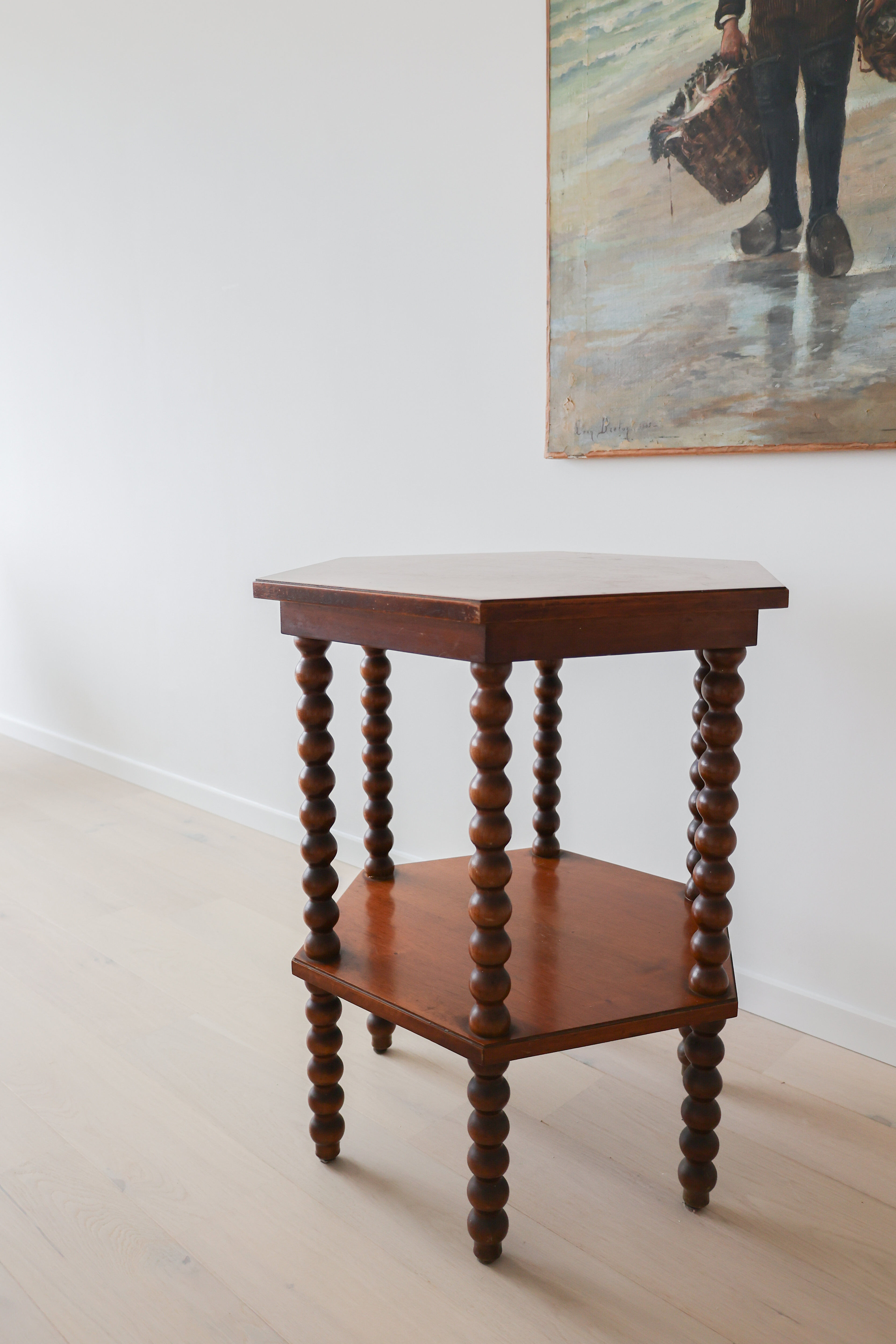 Antique octagonal bobbin side table, Belgium, 1940s
