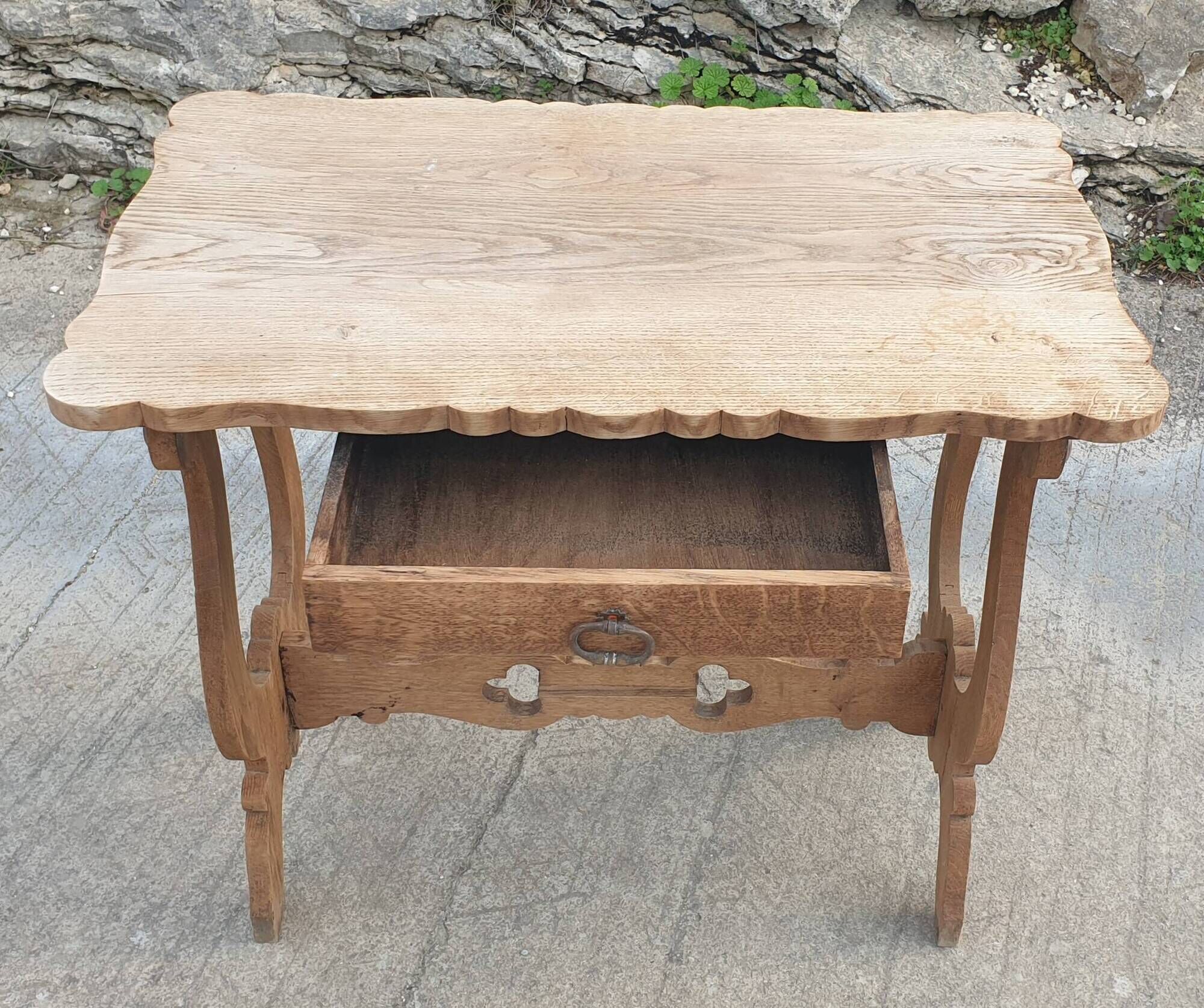 Lyre leg table in natural wood, one drawer, vintage