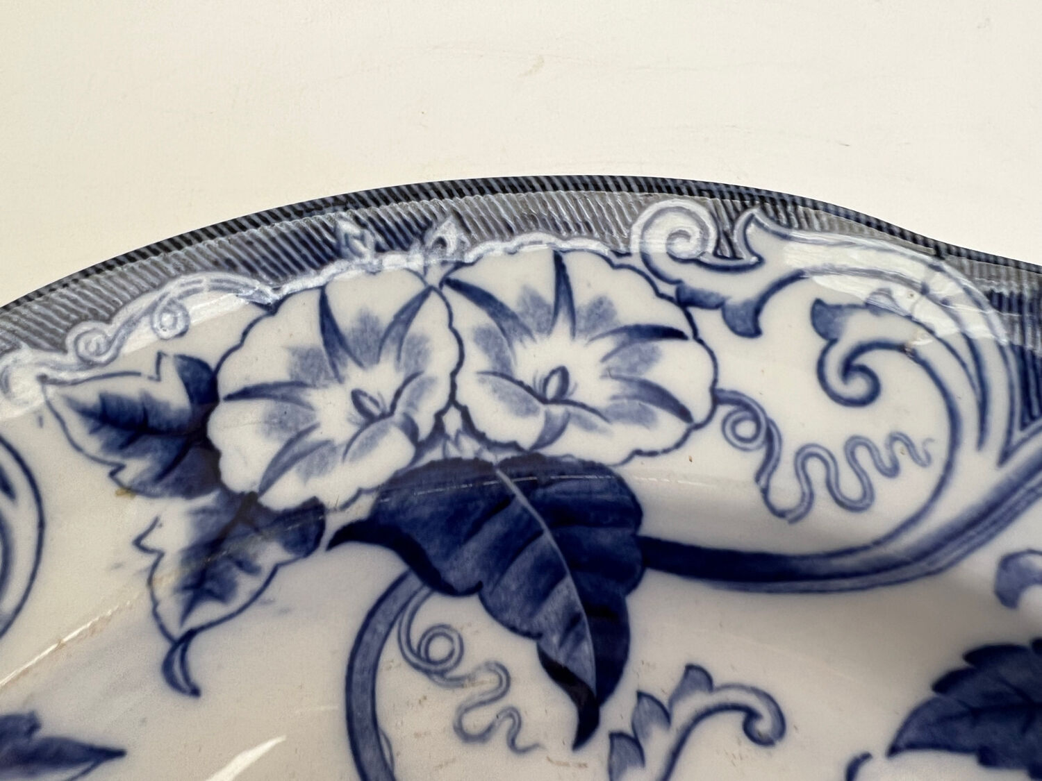 Round dish Creil Montereau white and blue bindweed
