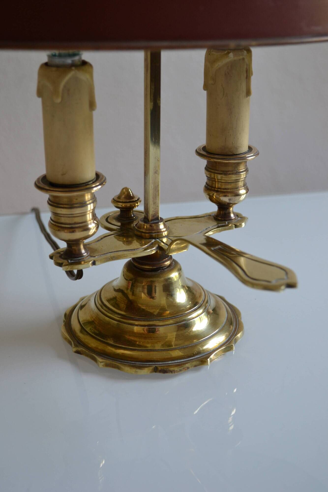 hot water bottle lamp with 2 bronze lights and burgundy sheet metal lampshade