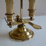 hot water bottle lamp with 2 bronze lights and burgundy sheet metal lampshade