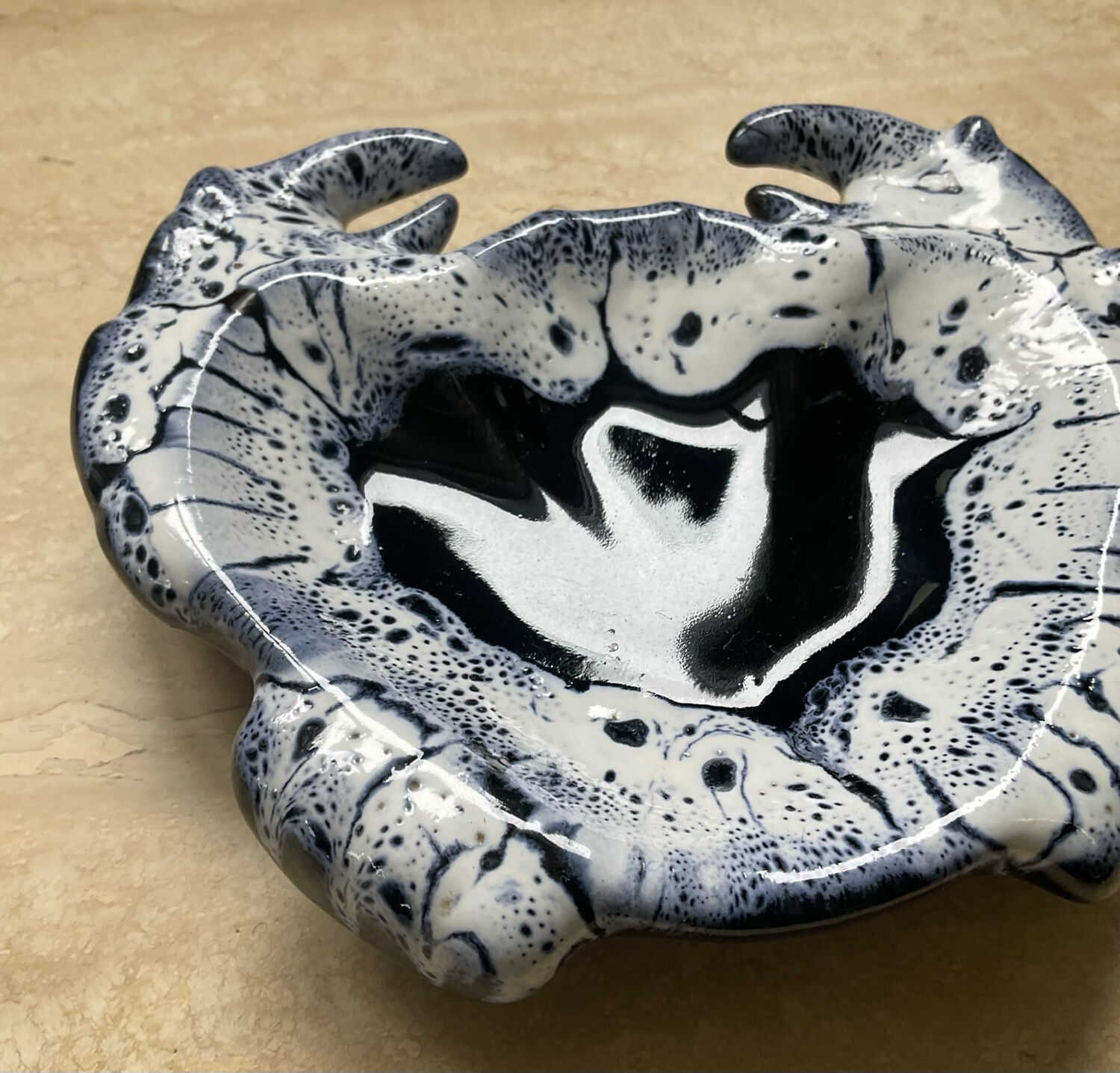 Vintage crab-shaped glazed ceramic catchall.