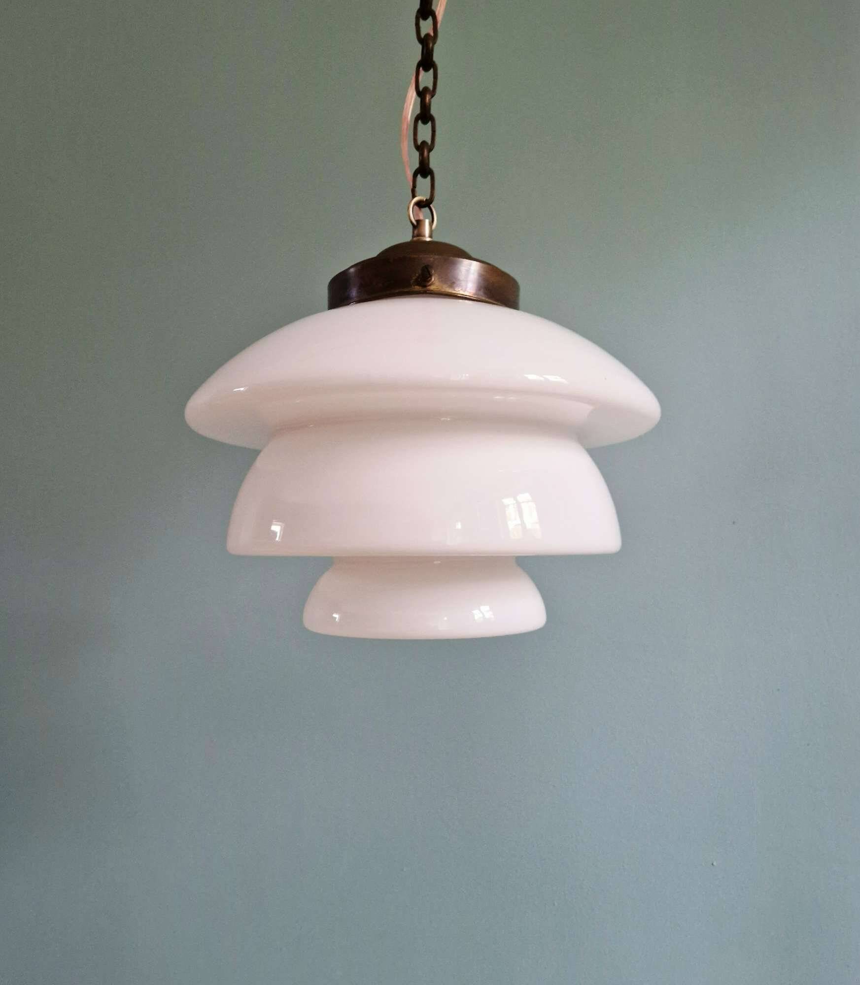 Art Deco pendant light in white opaline and copper frame, 1920s-30s