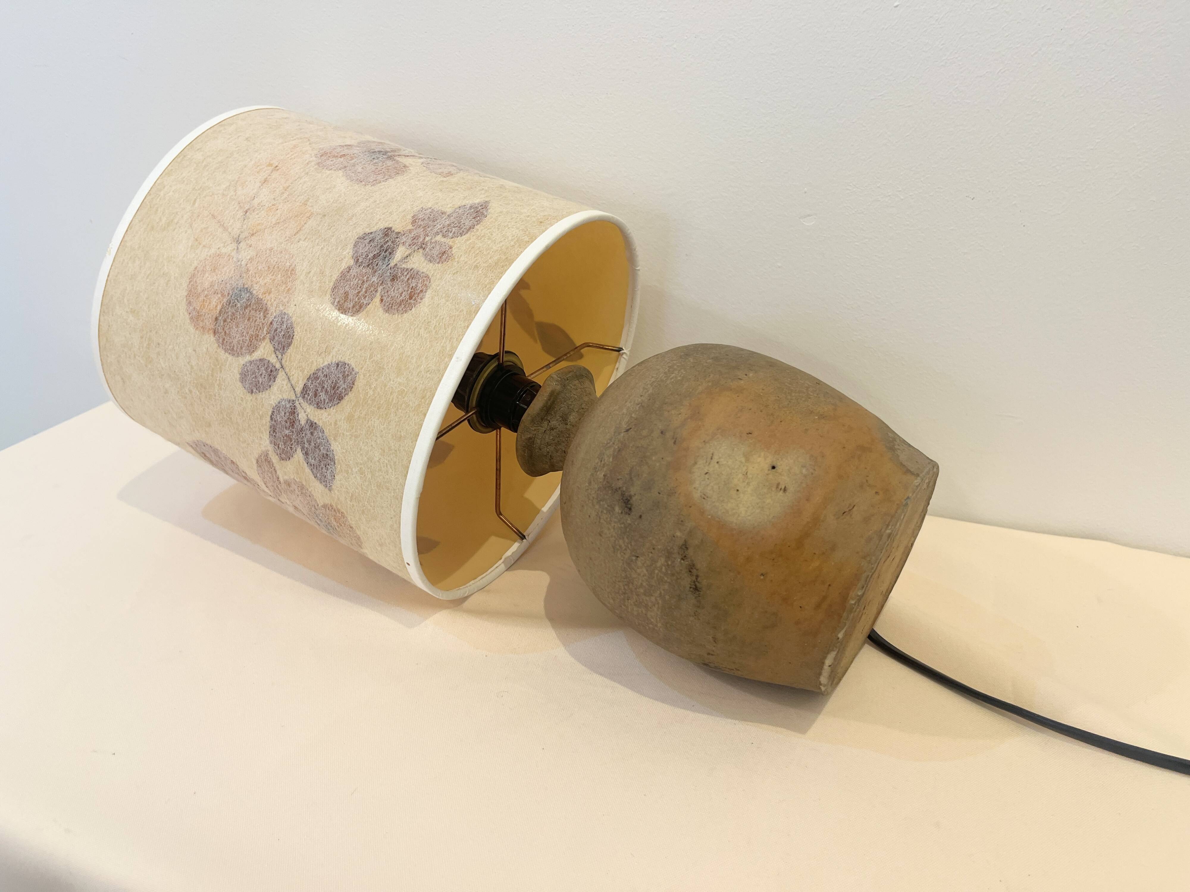 Vintage brutalist stoneware ceramic lamp base with dried flower shade