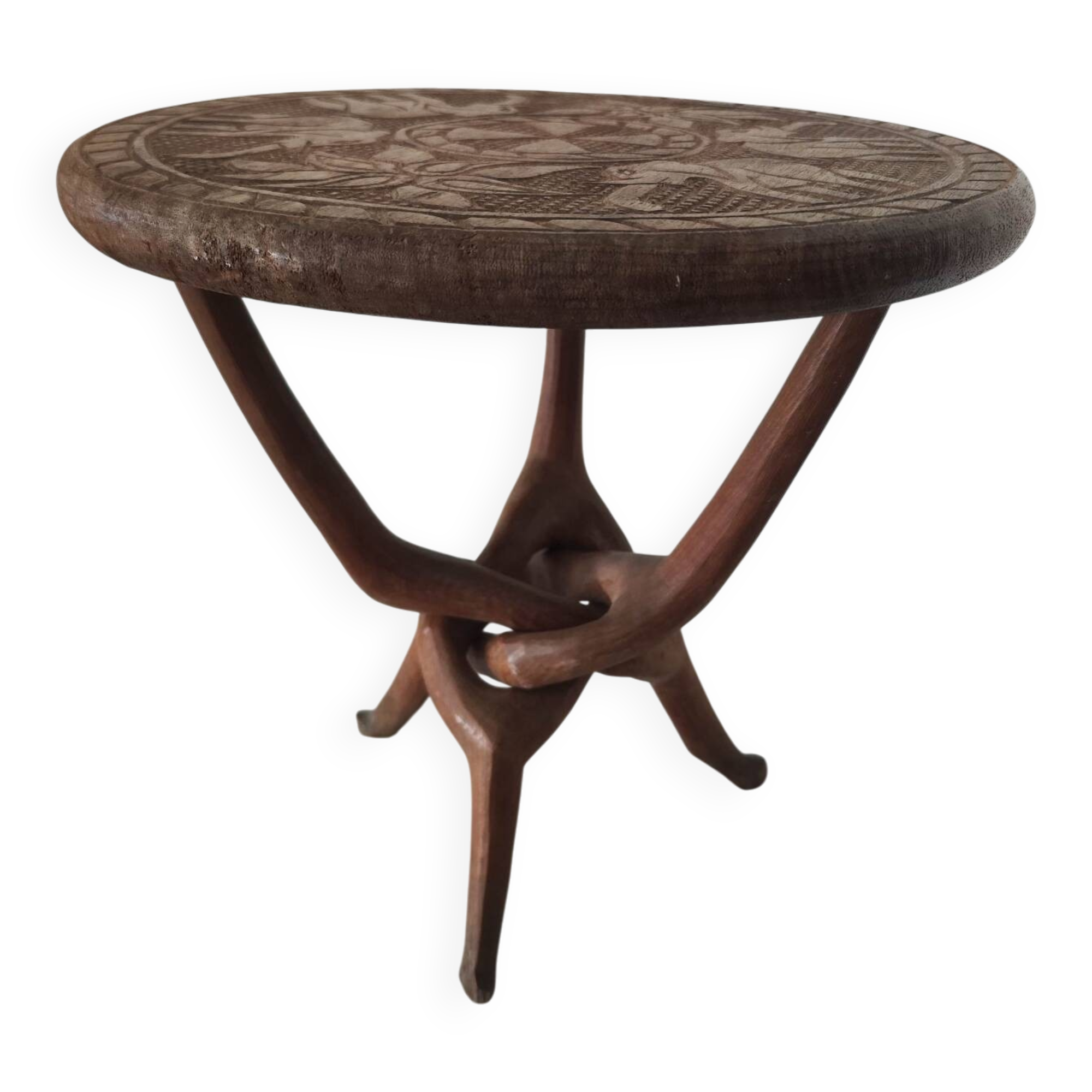 Vintage African gueridon – sculpted tripod base in solid wood