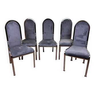 Ensemble de chaises de salle à manger italiennes de 1970, chromées et recouvertes de velours bleu