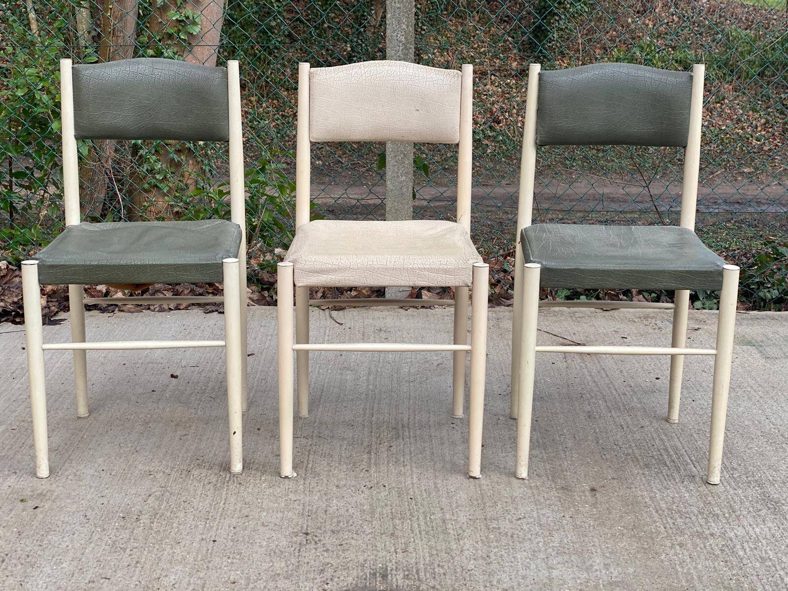 3 Scandinavian Baumann style chairs, steel and white and dark green crocodile leather