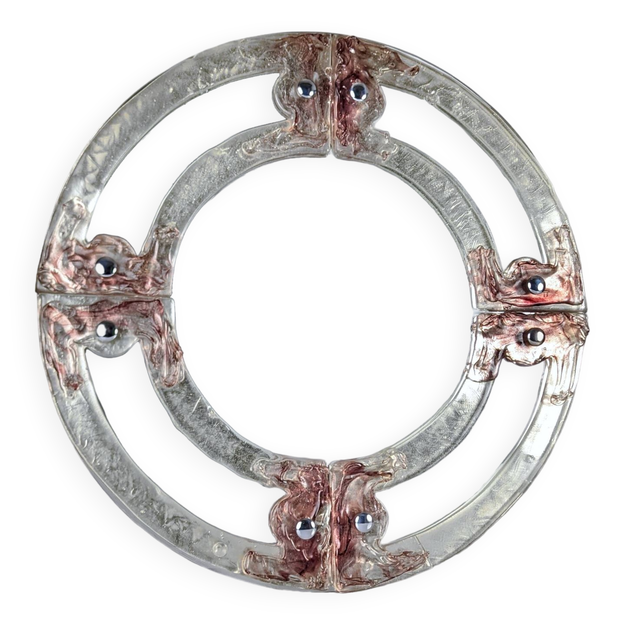 Venetian round mirror in pink and purple murano glass 1960s