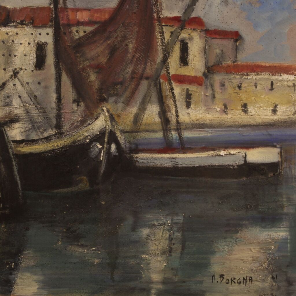 Italian painting signed harbor view with boats from 20th century