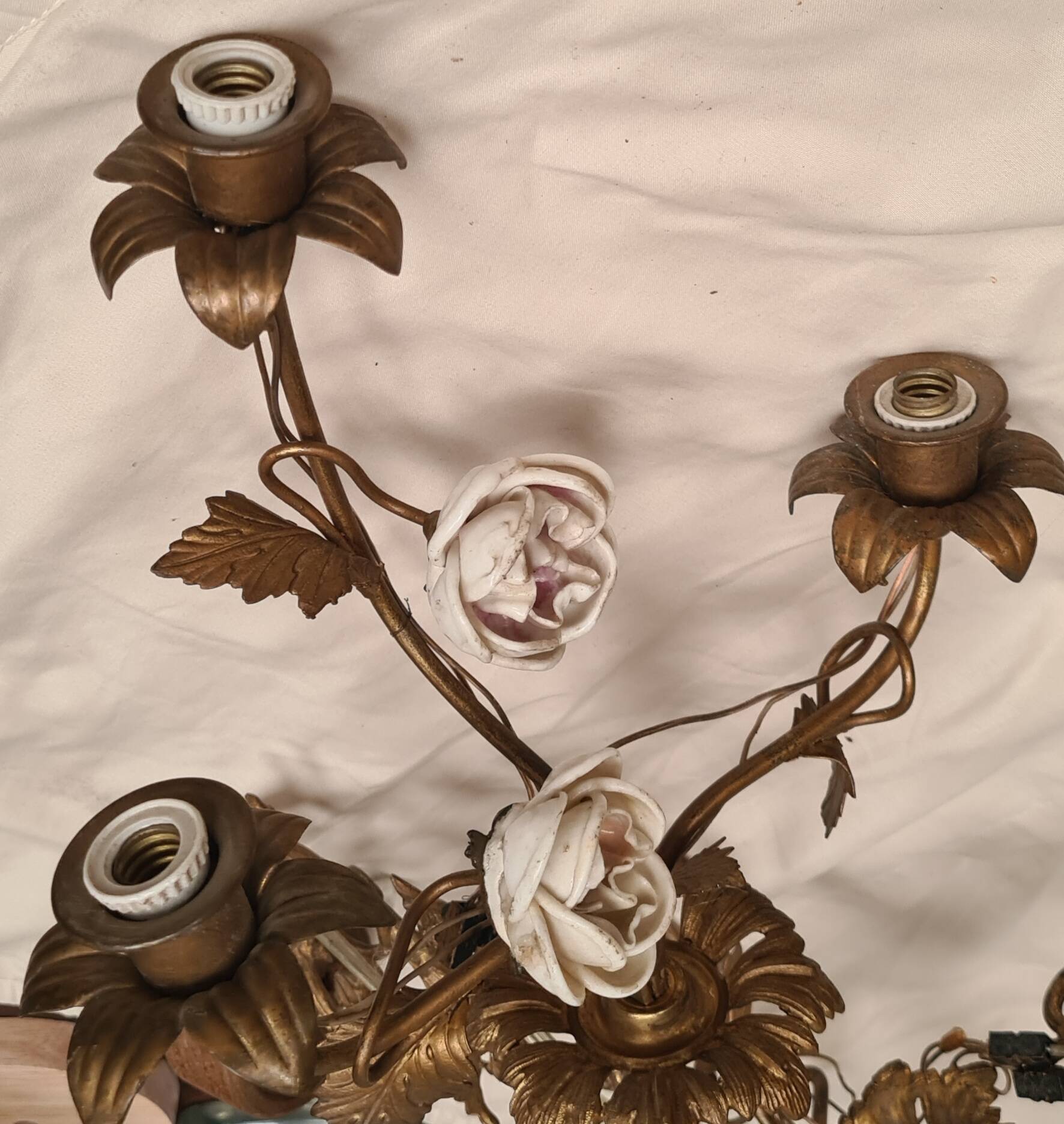 pair of wall lights brass bronze 1900 to 30 pink porcelain 45x28