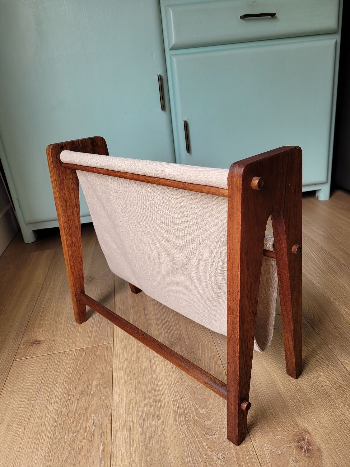 Scandinavian magazine rack exotic wood and linen