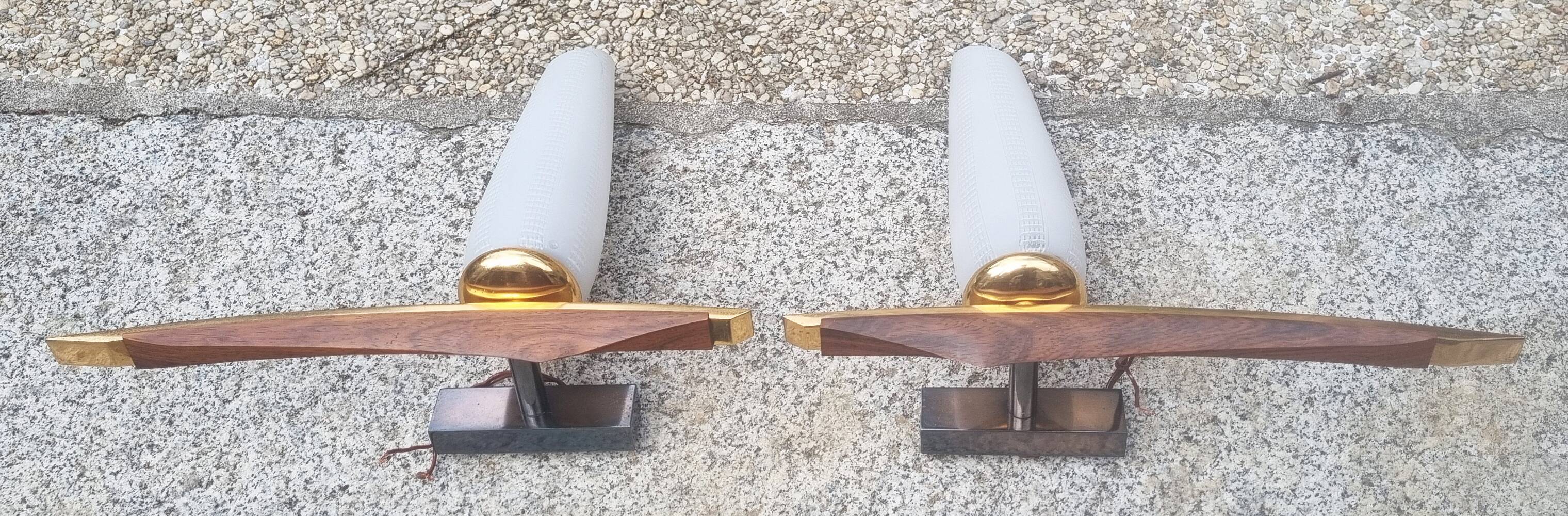 Pair of Scandinavian wall lights, teak, brass and opaline, vintage, 60s