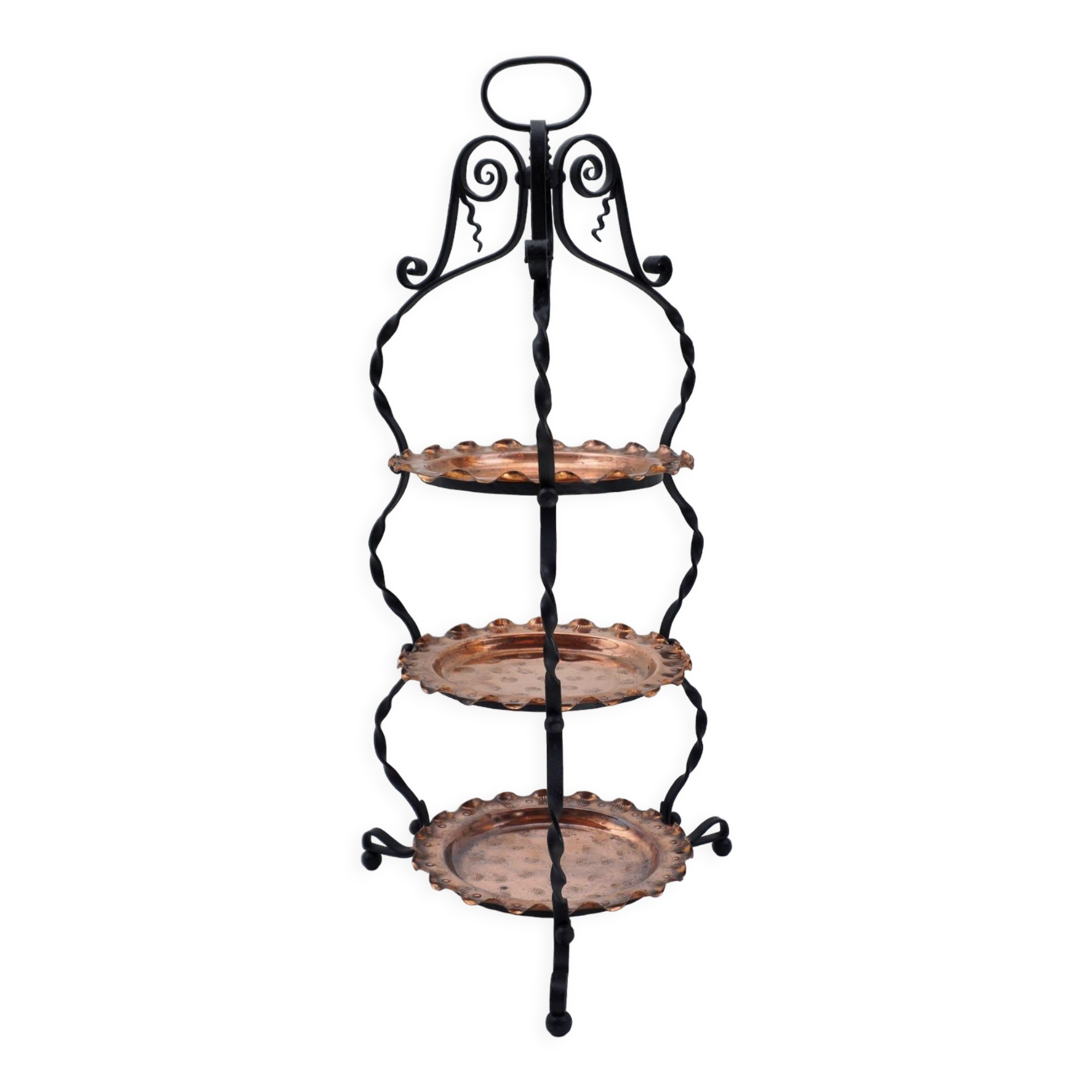 Présentoir de gâteaux Arts & Crafts style Townshends, fer et cuivre, années 1900 ca, anglais