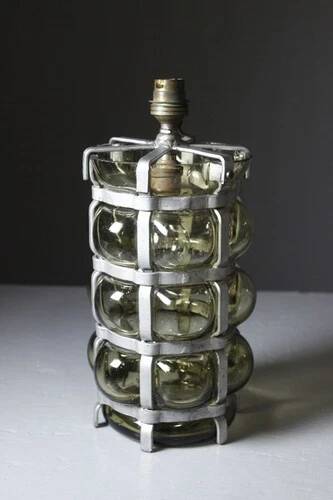 Vintage brutalist lamp with double lighting, blown glass in a cage, 20th-century design.