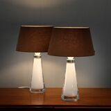 Carl Fagerlund white glass table lamps and dark ochre shades for Orrefors Sweden