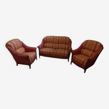 Sofa and 2 armchairs set in solid wood and fabrics – Firm backs and seats