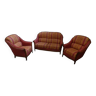 Ensemble canapé et 2 fauteuils en bois massif et tissus – Dossiers et assises fermes