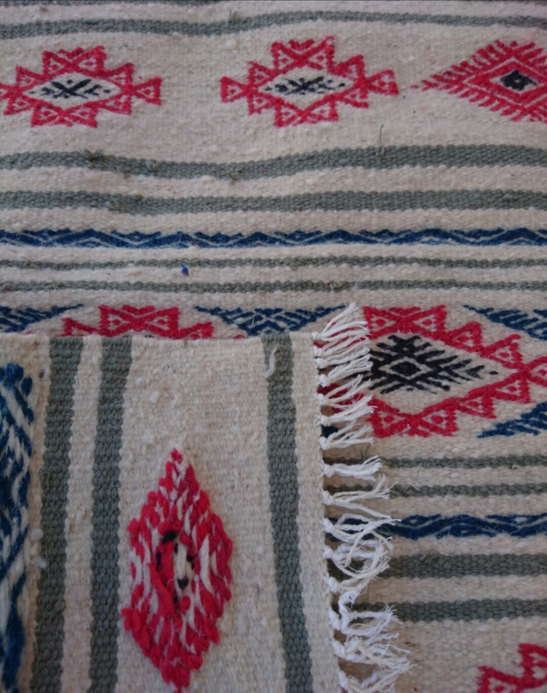 Kilim beige blue red handmade carpets, 90x60cm