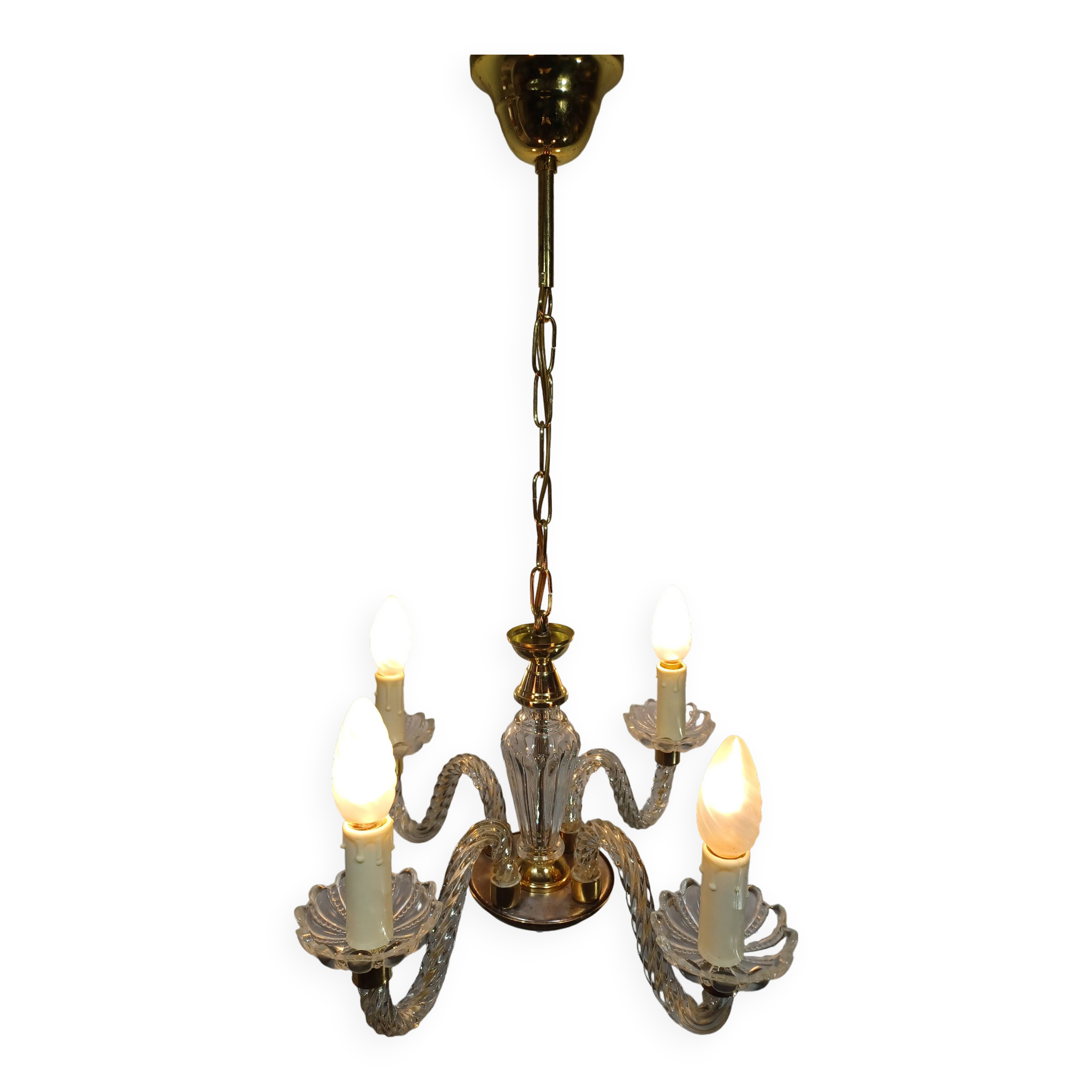 4-light glass and brass chandelier
