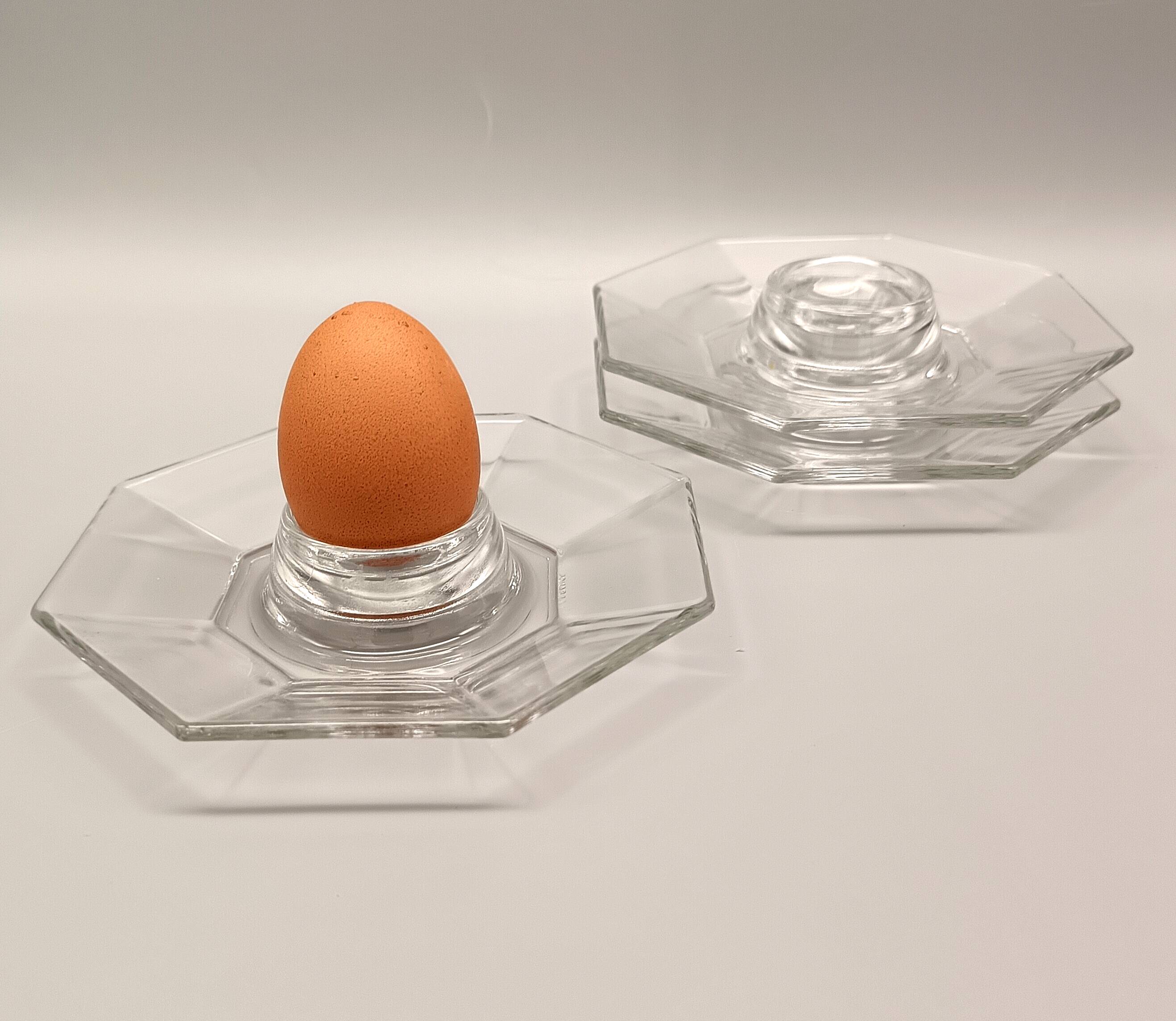 3 transparent egg cups in tempered glass arcoroc octime series, 1980 vintage