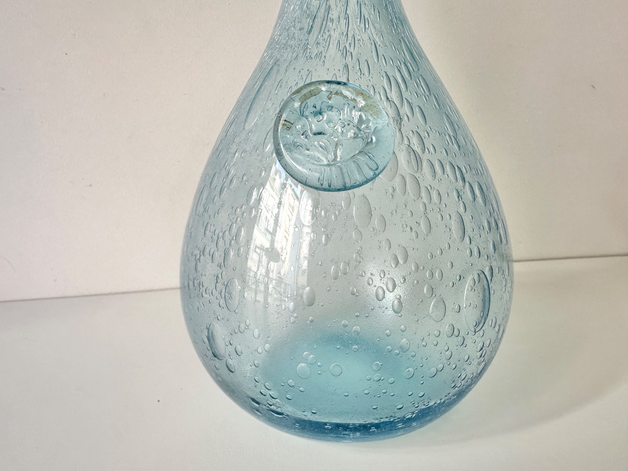 Vintage 1960s blue bubble glass BIOT carafe