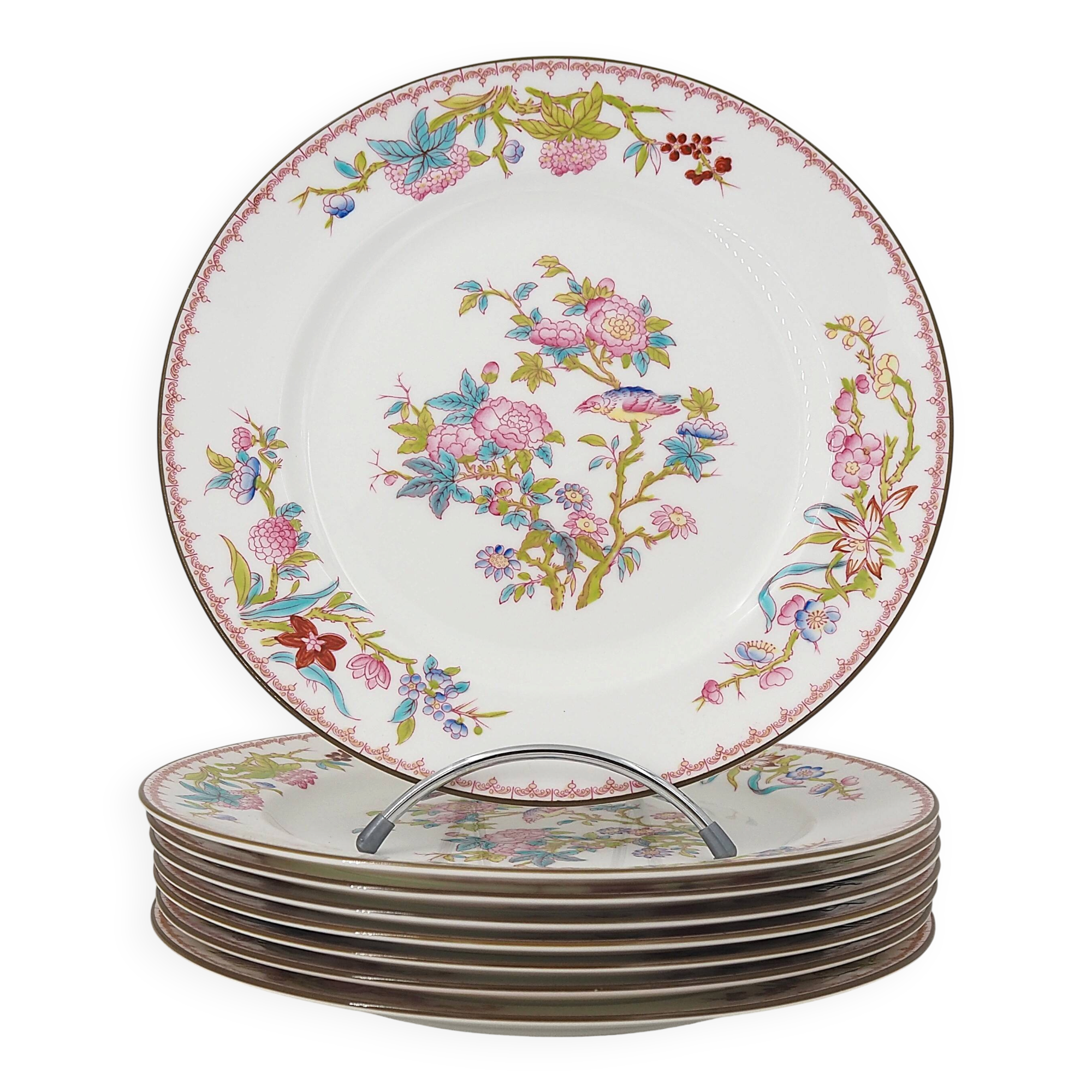 8 assiettes plates en porcelaine peintes à la main Minton Cuckoo, Coucou