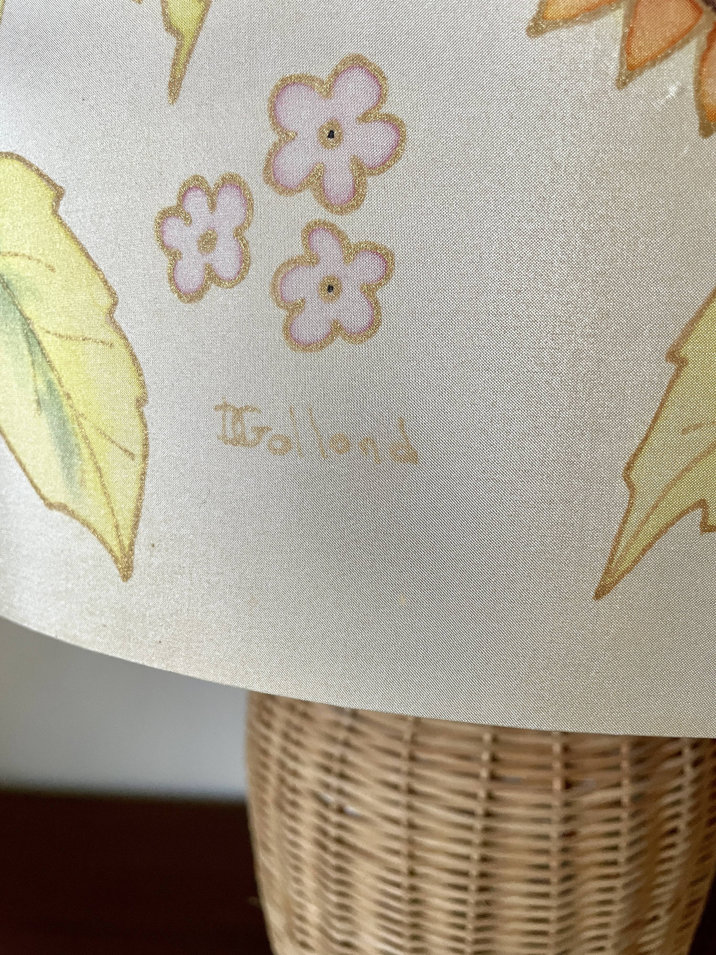 Large sunflower lamp signed silk and rattan 1970