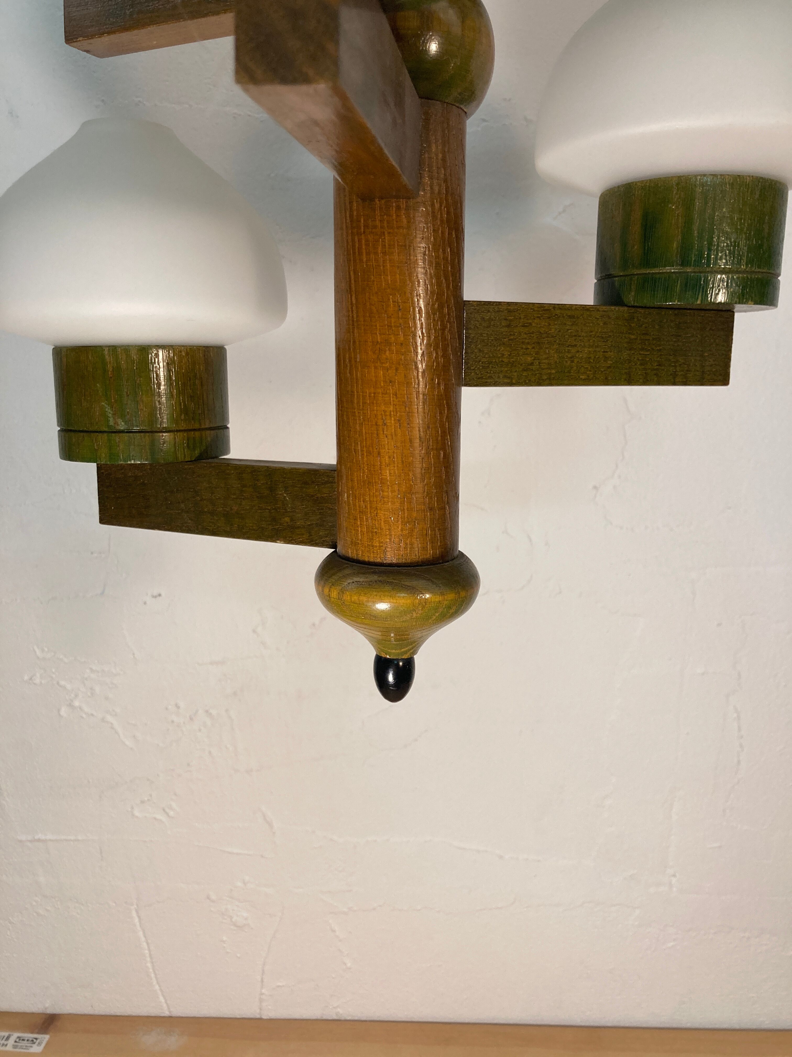 Midcentury Scandinavian wood and opaline glass hanging pendant