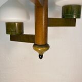 Midcentury Scandinavian wood and opaline glass hanging pendant