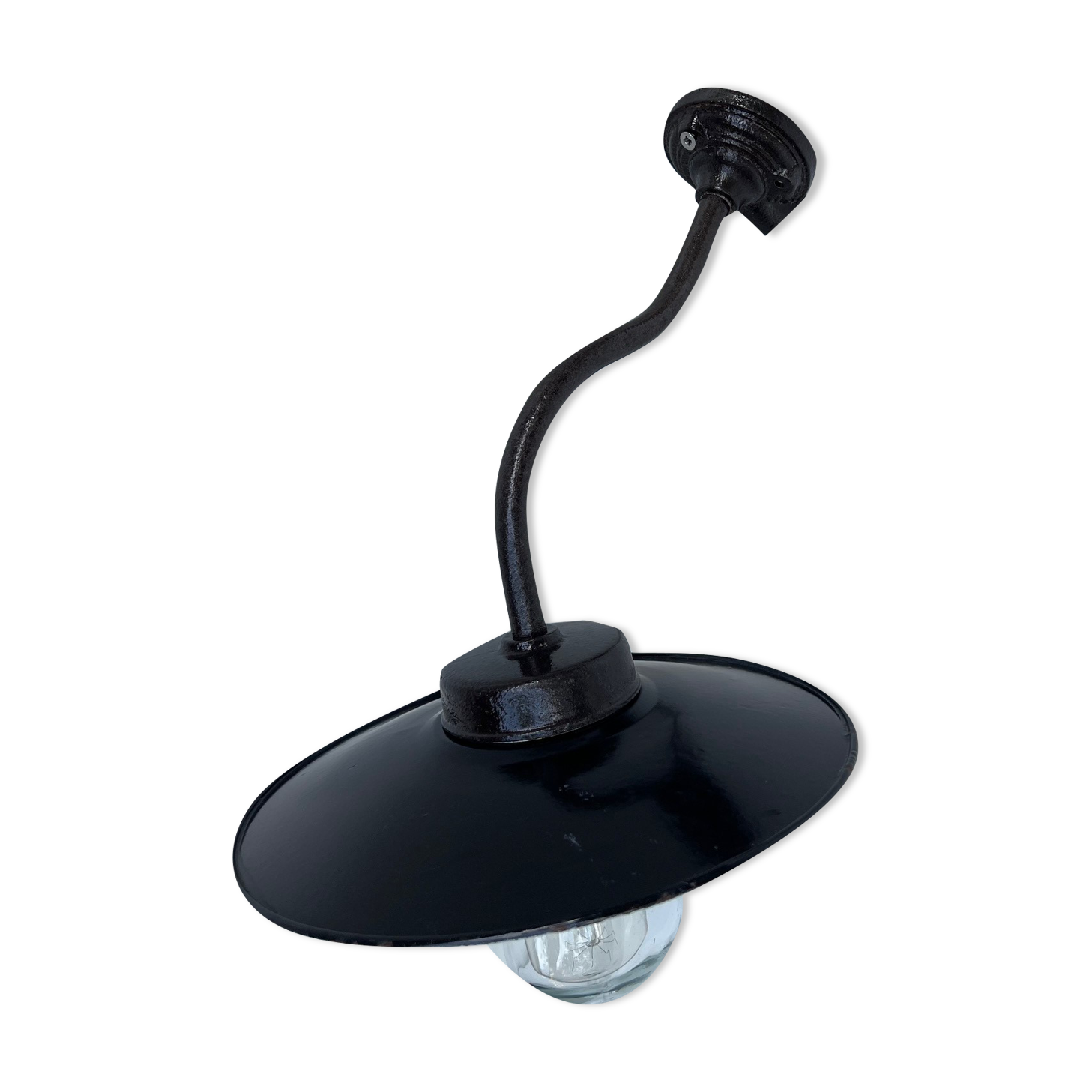 Applique 1930 lampe col de cygne en fonte d'acier patine noir brun email noir