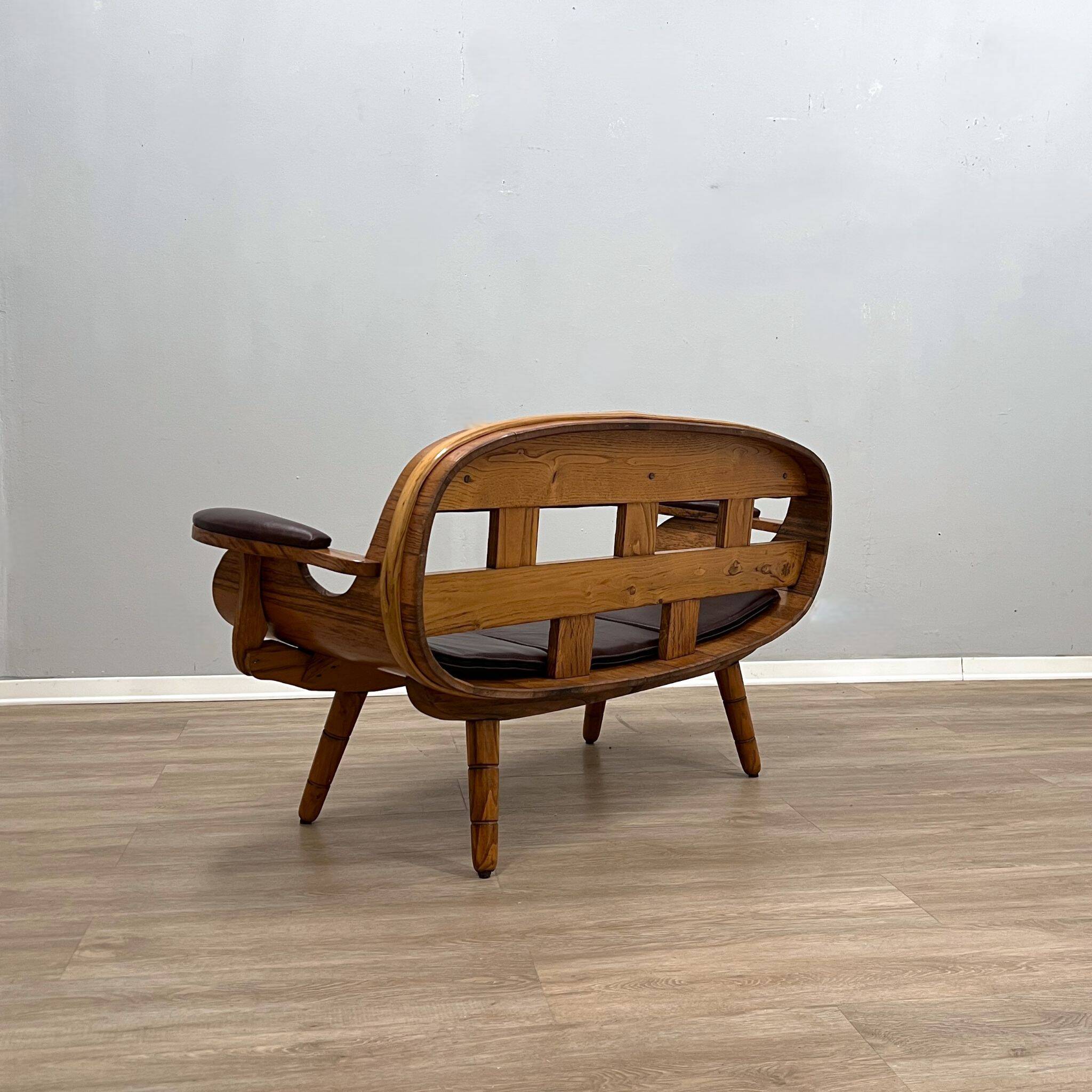 Rustic living room wooden barrel armchairs and sofa Italy 1970s