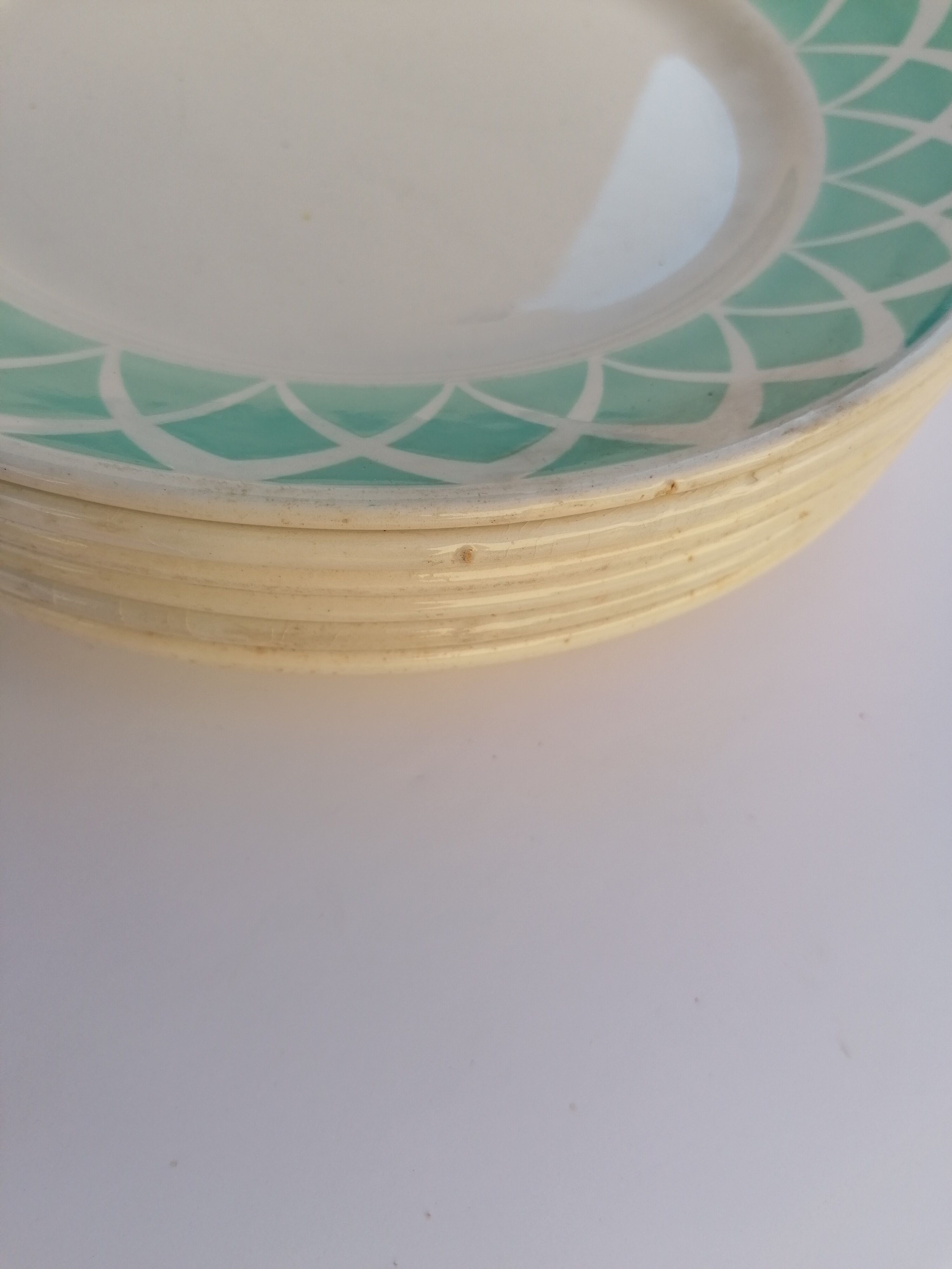 6 flat plates, Badonvillers earthenware, lagoon green, 60s