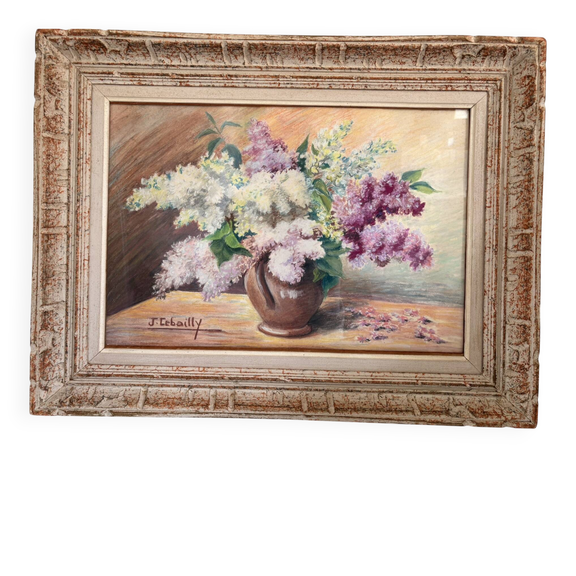 Tableau Drawing Pastel Still Life Lilac Bouquet Flowers Signed Lebailly Enc