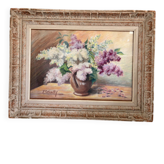 Tableau Drawing Pastel Still Life Lilac Bouquet Flowers Signed Lebailly Enc