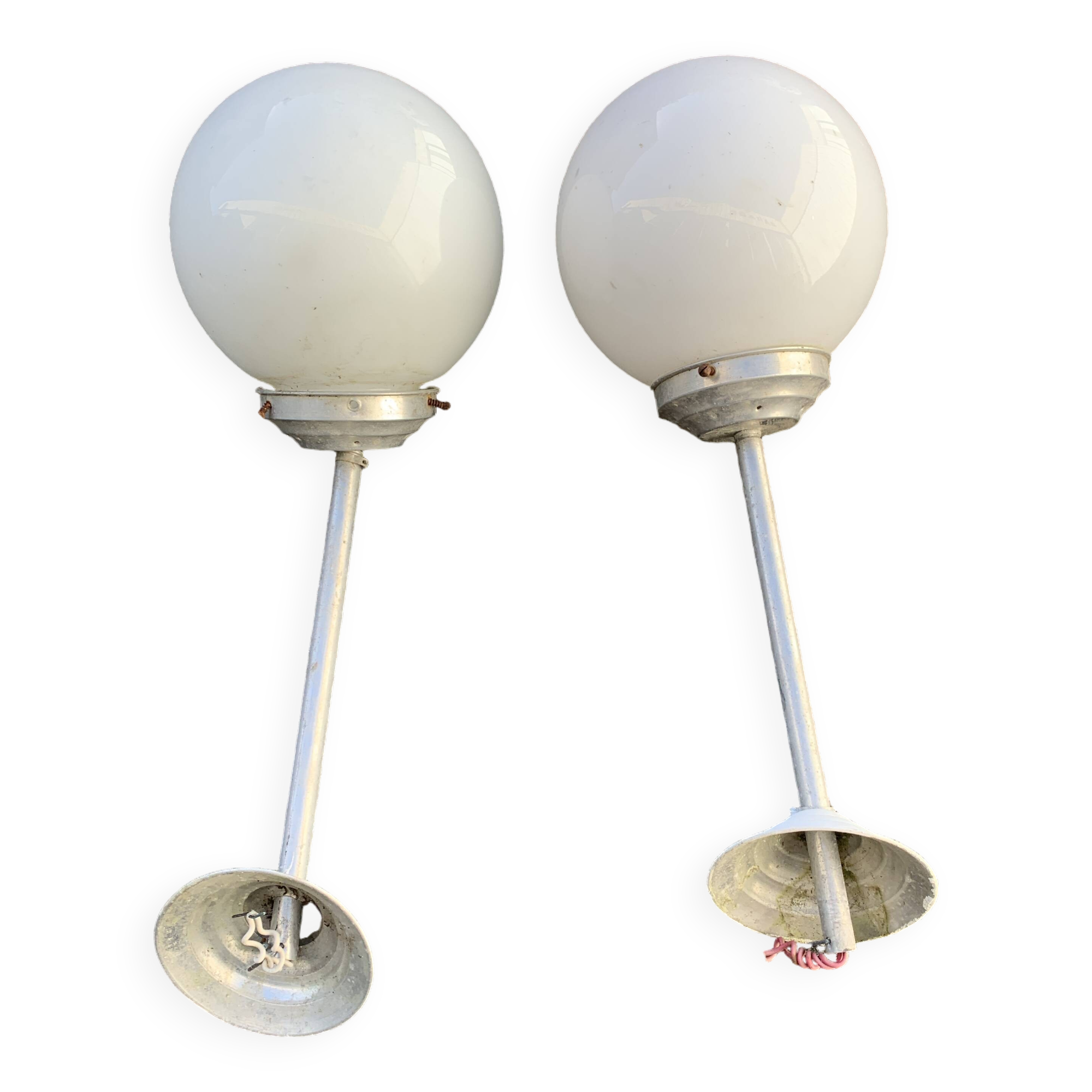 Pair of vintage white opaline school chandeliers