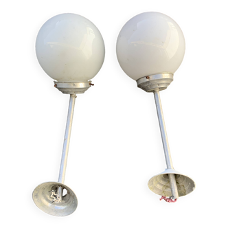 Pair of vintage white opaline school chandeliers