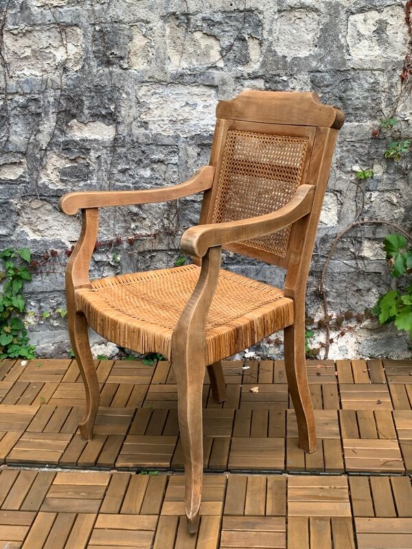 Fauteuil de barbier en bois cannage et paille 1900