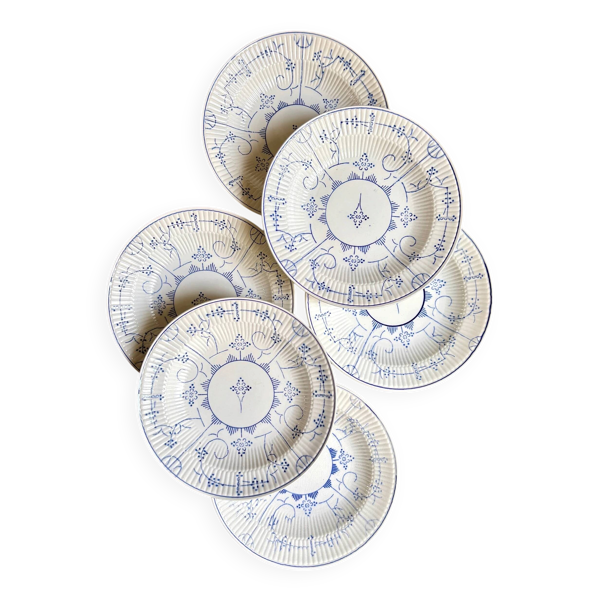 6 assiettes creuses Boch La Louvière en faïence émaillée bleue, service ''Copenhague'' - années 1920-30